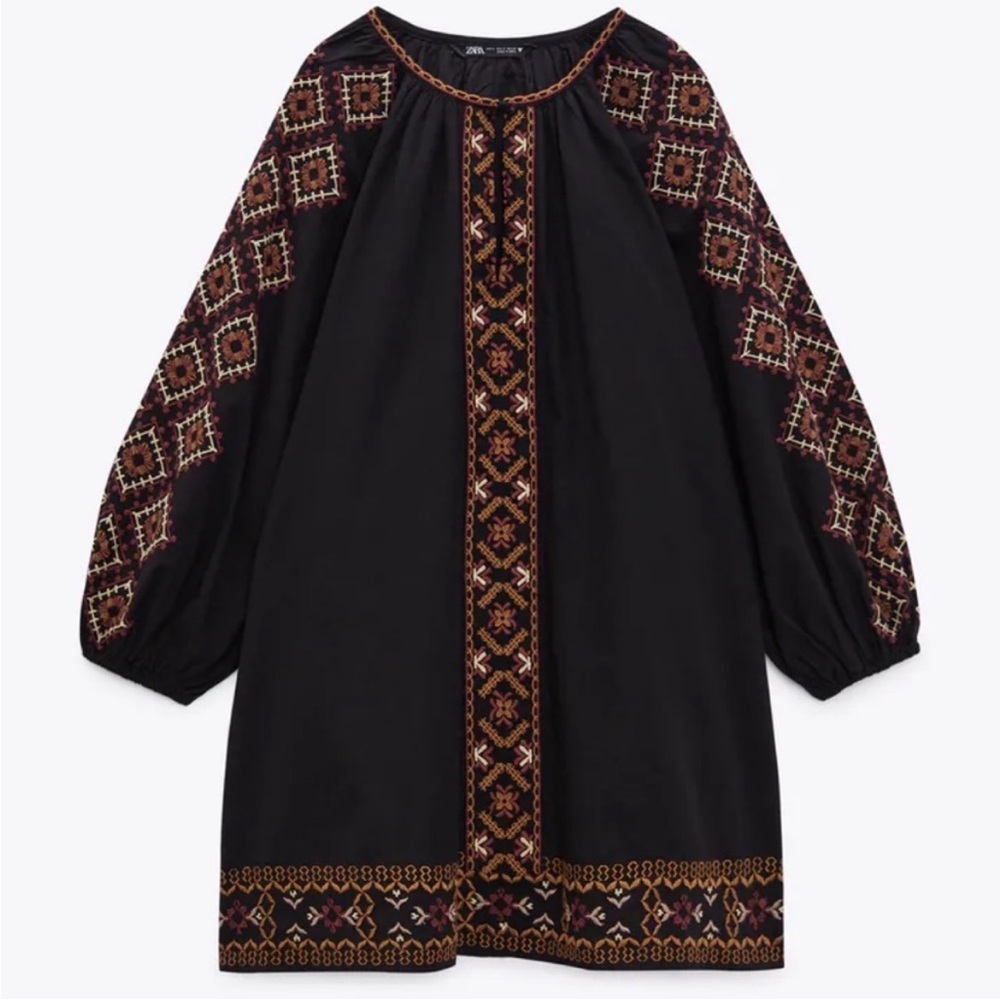 Zara Black Mini Dress with Multicolor Embroidery